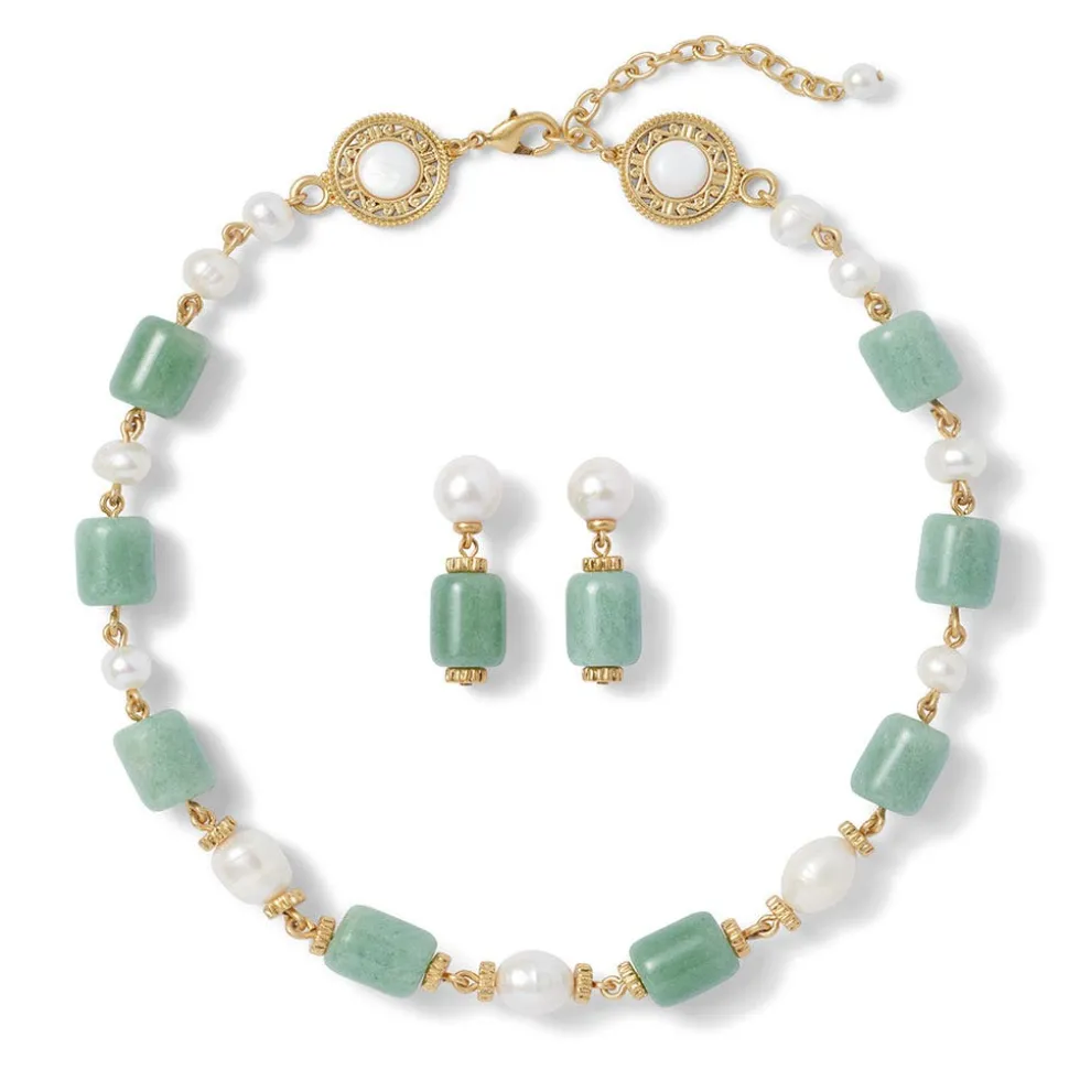 Jewelry Sets*The Met Store Karavas Gems Large-Bead Aventurine and Pearl Necklace and Drop Earrings Set
